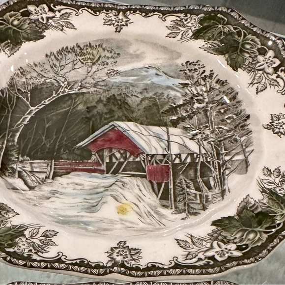 Johnson Brothers The Friendly Village Snack Set Square Plate Cup Covered Bridge - Picture 4 of 11